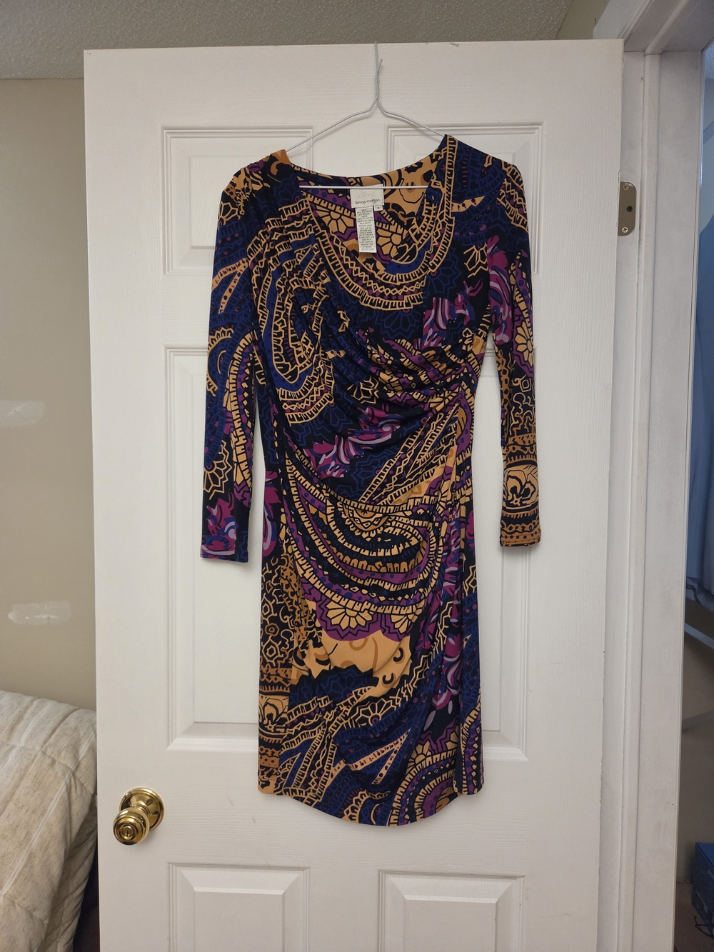 Donna Morgan Navy Purple and Gold Printed Long Sleeve Dress
